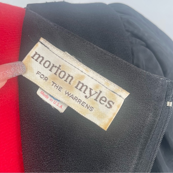 80s Morton Myles Black Peplum Dramatic Shoulder Crepe Midi Dress - Picture 8 of 14